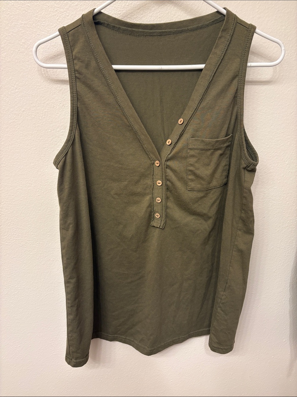 Olive Button-Front V-Neck Tank Top with Pocket